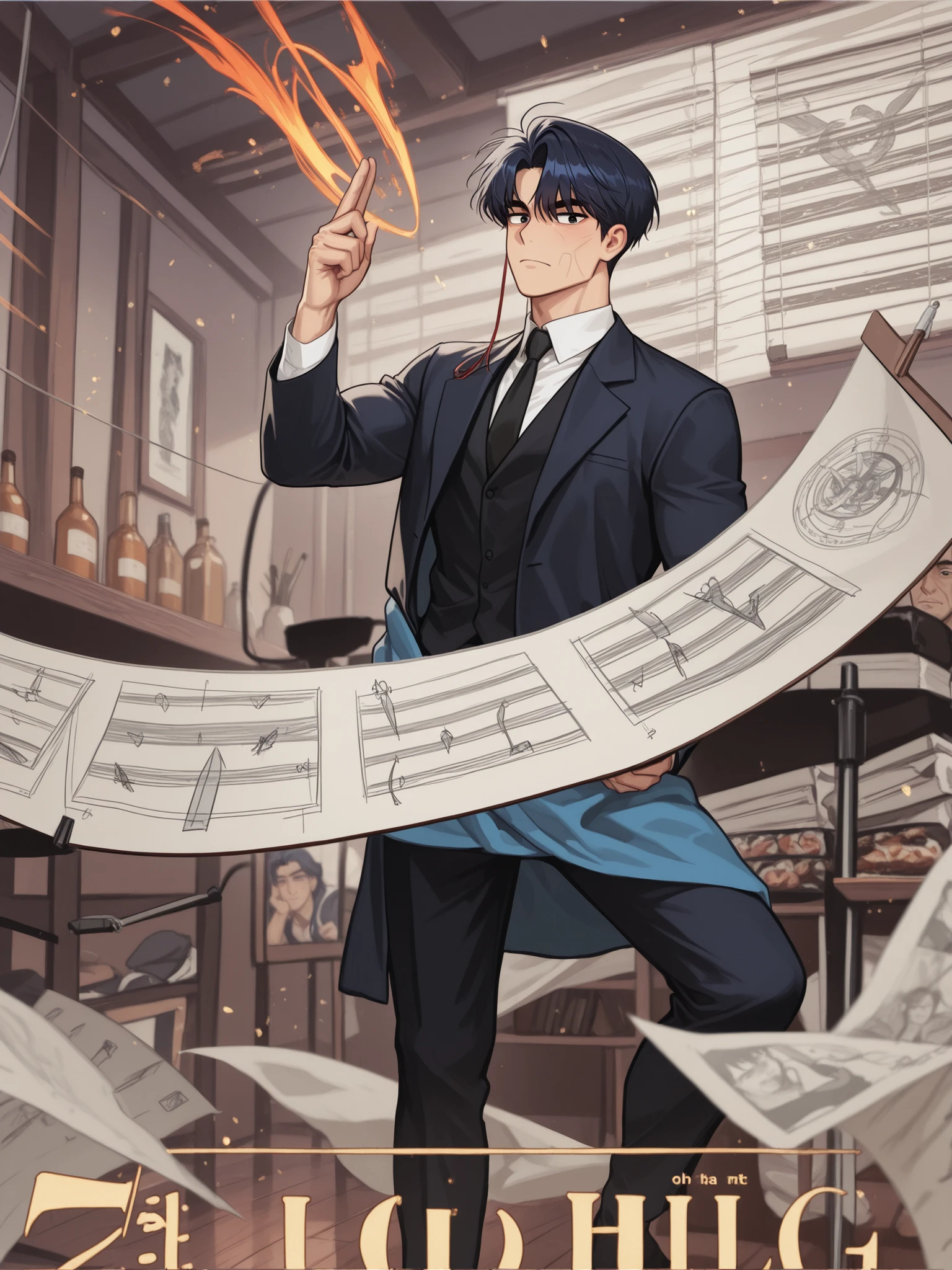 Full hd , dark blue hair , middle-aged 40 years old ,already , 8k , manhwa , the eyes are not blurred , eyes see clearly , eyes are not distorted , tall , muscle , six-pack , clear face , virile , is a middle-aged uncle , older , is a father , hair side part 7 /3 Swipe Up, wrinkles