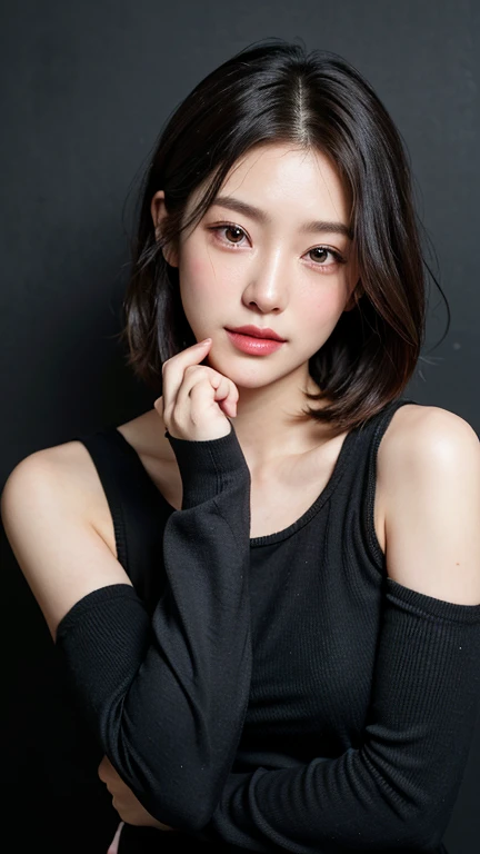 (((Close-up of face)))、(((Absolutely shoulder-length brown straight short bob)))、(((She is posing like a hair salon model, with a black wall indoors as the background.)))、(((Casual black winter long sleeves with shoulders covered)))、Half Japanese, half Korean、18 year old girl、Standing Alone、Looking forward、Light eye makeup、Brown Hair Color、Flat and 、Hair blowing in the wind、Actress Quality、Glossy, ultra-realistic face、Smiling face、Watery eyes、Gazing Up、Subtle lighting effects、 Ultra-Realistic Capture、Very detailed、High resolution 16K close up of human skin。Skin texture must be natural、The details must be such that pores can be clearly seen、The skin is healthy、Uniform tone、Use natural light and colors、A worn-out, high-quality photo taken by a model agency&#39;s in-house photographer.、smile、(((SIGMA 300 mm F/1.4,1/1000 sec shutter,ISO 400))) 