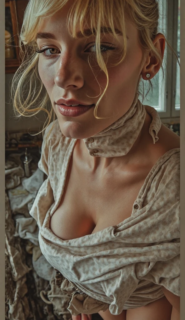 (Highest quality),Tabletop,8K,Ultra-high resolution,Best image quality,One beautiful woman、(White polyester sleeveless),(Blouse with buttoned collar:1.3),(Elegant black tight skirt:1.1),(Big Breasts:1.2),(Elegant round glasses:1.2),(優雅にstand:1.1),(Strongly blurred background:1.1),stand,lipstick,Long eyelashes,Heavy makeup,Perfect Makeup,Colored contact lenses,Accentuate your body lines,Big ample breasts,soft and warm lighting,(Ultra-high resolutionの正確な美しい髪:1.1),(Accurate anatomy:1.2),Ultra-high definition beautiful eyes,(Super bright and radiant skin:1.1),Staring at me with a blank look,topless,In underwear,Beautiful nipples