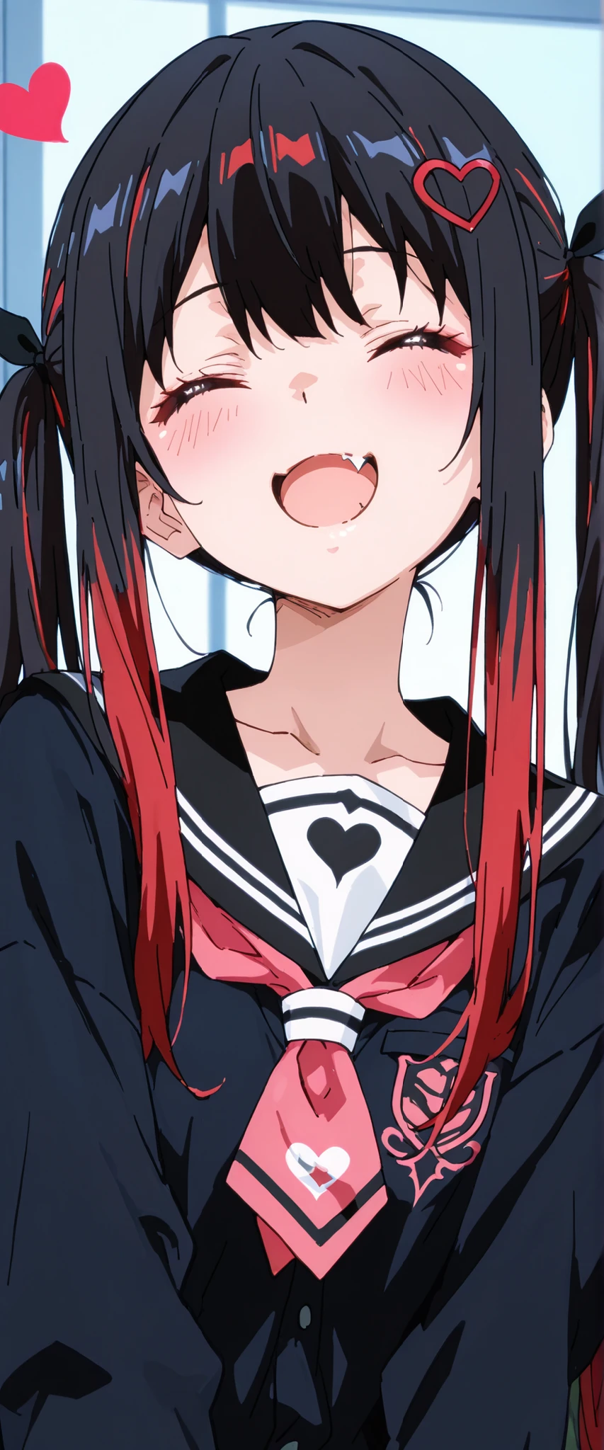 an anime girl is dressed in all black and has a heart in her hair, 1girl, multicolored hair, solo, closed eyes, red hair, long hair, twintails, black sailor collar, black hair, smile, sailor collar, jacket, open mouth, hair ornament, fang, long sleeves, heart, blush