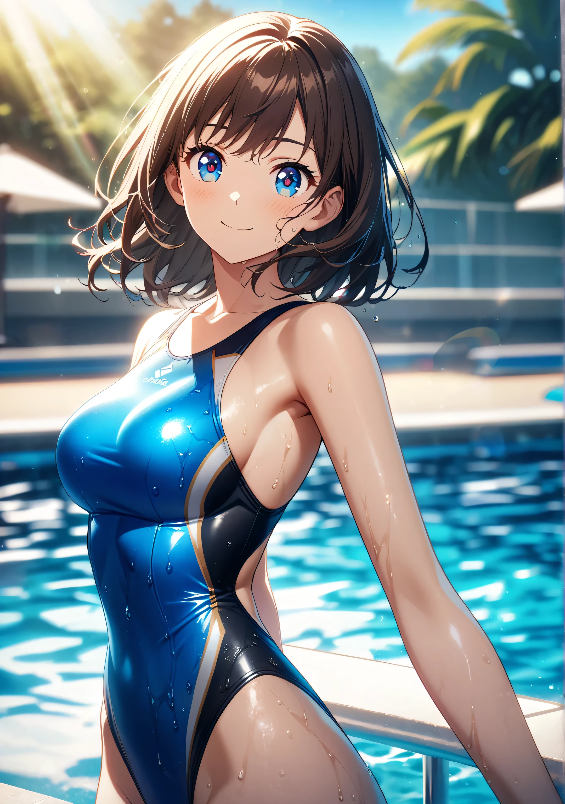 (Unity 16K Wallpaper, Masterpiece, Best Quality, Ultra-Detailed, Extremely Detailed CG, Caustics, Cinematic Lighting, Detailed, Beautiful Detailed Eyes, solo, vivid image quality, brighten the subject, pool side),Ultra High Resolution, fine skin、sexy, (curby), nsfw,(white school swimsuit:1.3), small breasts, smile,squatting