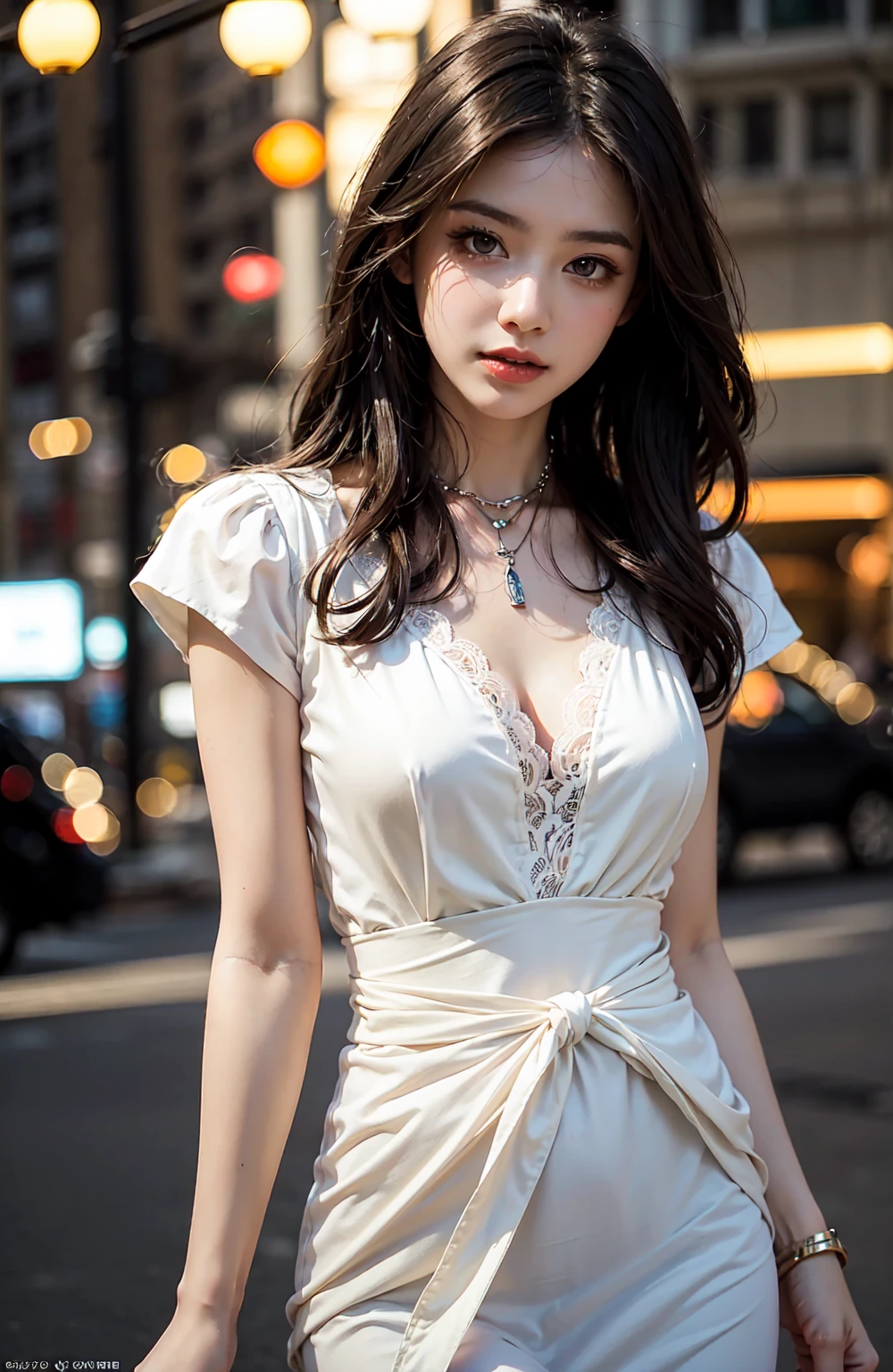 8K, masutepiece, Raw photo, Best Quality, Photorealistic, Highly detailed CG Unity 8k wallpaper, depth of fields, Cinematic Light, Lens Flare, Ray tracing, (Extremely beautiful face, Beautiful lips, Beautiful eyes), intricate detail face, ((Ultra detailed skin)) 1girl in, In the Dark, deepshadow, cute Japanese girls, JPOP Idol,(Very slim and slender fit muscular body:1.3), ((Looking at Viewer)),(Big smile:1.3), (silk hot transparent dress、Tight Mini Dress), (Shot Sleeve) , (Fashion City Night, (Neon sign), (Large buildings), Fashion Street Night),(No people), (No people in the background:1.3), cute Japanese girls, White Diamond Earrings, Diamond Bracelet, Diamond necklace, Bare legged、 Clear eyes, Walking , Front shot, (pale skin), Face forward, (Big eyes), ((upperbody shot)), ((flowing lace:1.2)), ((White Mini Dress:1.3)), (Looking at Viewer:1.3), (see through