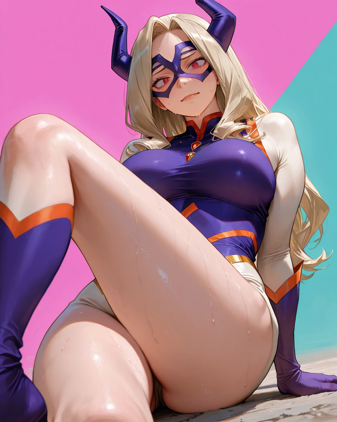 My hero Academia style, Mt Lady from My Hero Academia, smile, squinted eyes, blushing, large waist, large breasts, long tongue, licking a dildo, sweaty, colored