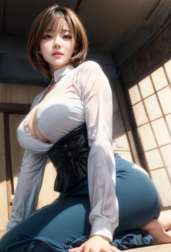 Photo from behind、28 years old,1 Japanese female,((Sit on a chair))((Wearing tight fitting white trousers))((Her breasts are spilling out of her light blue shirt.....))((Accentuated buttocks))((Accentuates the fit of small buttocks))(Very large breasts),(Beautiful breasts)(Moderately voluptuous body)(Black short bob hair),(Best image quality, (8K), Ultra-realistic, 最high quality, high quality, High resolution, high qualityの質感, Attention to detail, Beautiful details, Fine details, Extremely detailed CG, Detailed Texture, Realistic facial expressions, masterpiece、(((Accentuates curves from chest to waist)))(((Photograph the whole body)))