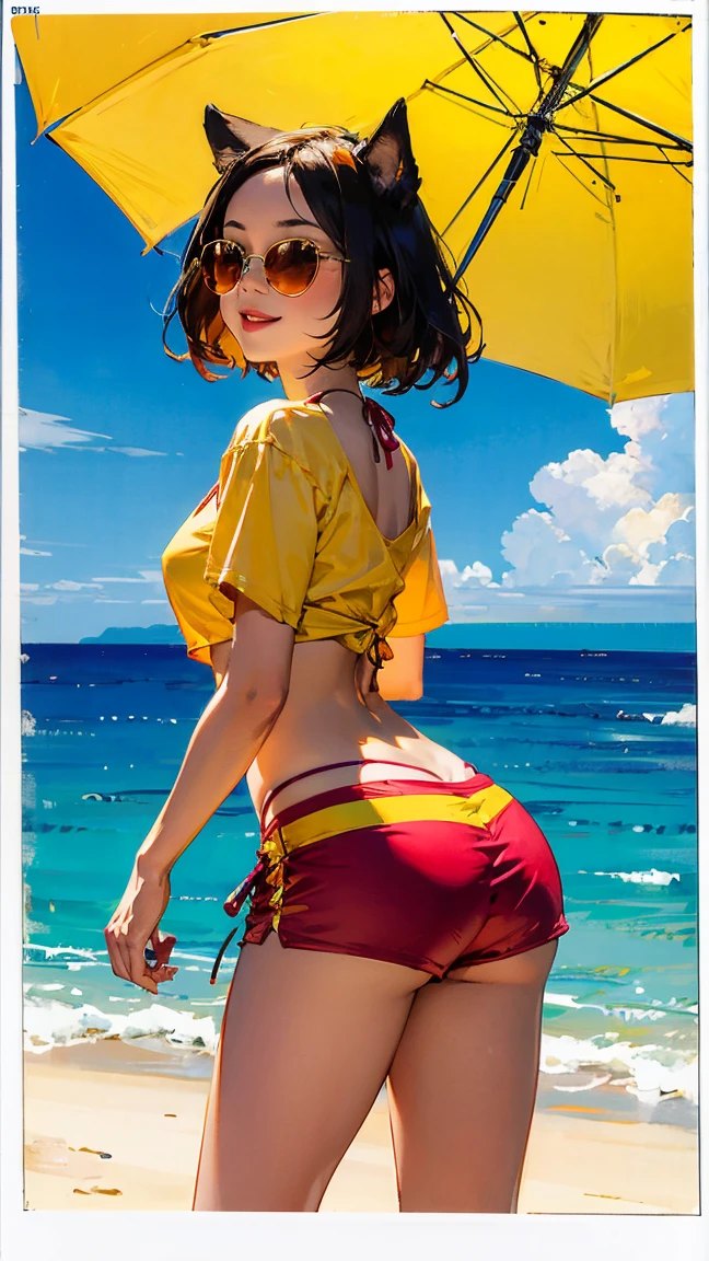 ((((depth of field:1.2)))), private beaches of okinawa, medium breasts, 1girl, black eyes, slender, ear_piercing, medium hair, short ponytail, break, nail_polish, break, (light brown hair:1.2), (bloom:1.1), backlight, break, break, ((wind:1.3)), blue sky, break, (print_sports_bikini:1.3), (((running:1.3))), Short pants, (((grin:1.2))), i'm wearing a hoodie, (masterpiece,best quality:1.4), (8k,raw photo,photo realistic:1.2), shiny skin, detailed skin, detailed face, detailed eyes, 1girl, beautiful face, break,