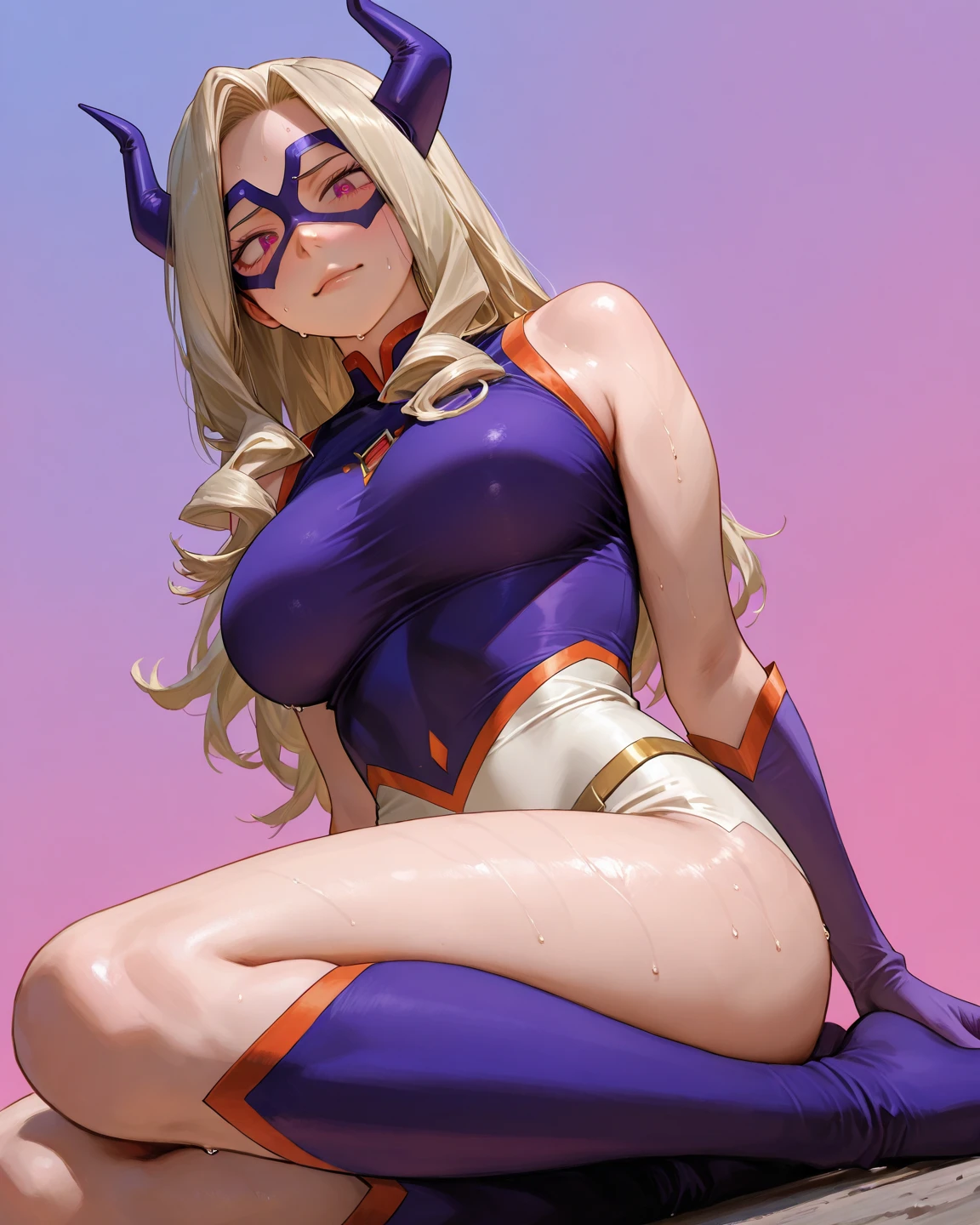 anime artwork, score_9, score_8_up, score_7_up, score_6_up, score_5_up, score_4_up, Mount Lady, blonde hair, purple eyes, big breasts, she is 24 years old, style_3, outdoors, bikini skirt, beach, , expressive, ass