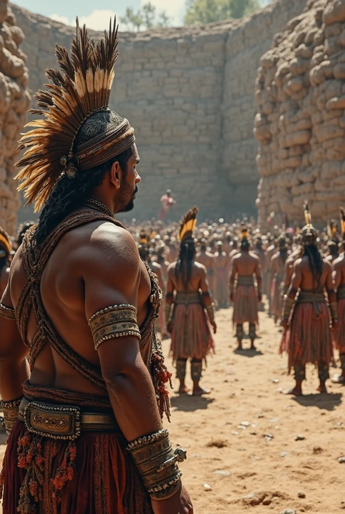 many Aztec warrior men fighting and in the middle of them an Aztec warrior man being hit by a spear