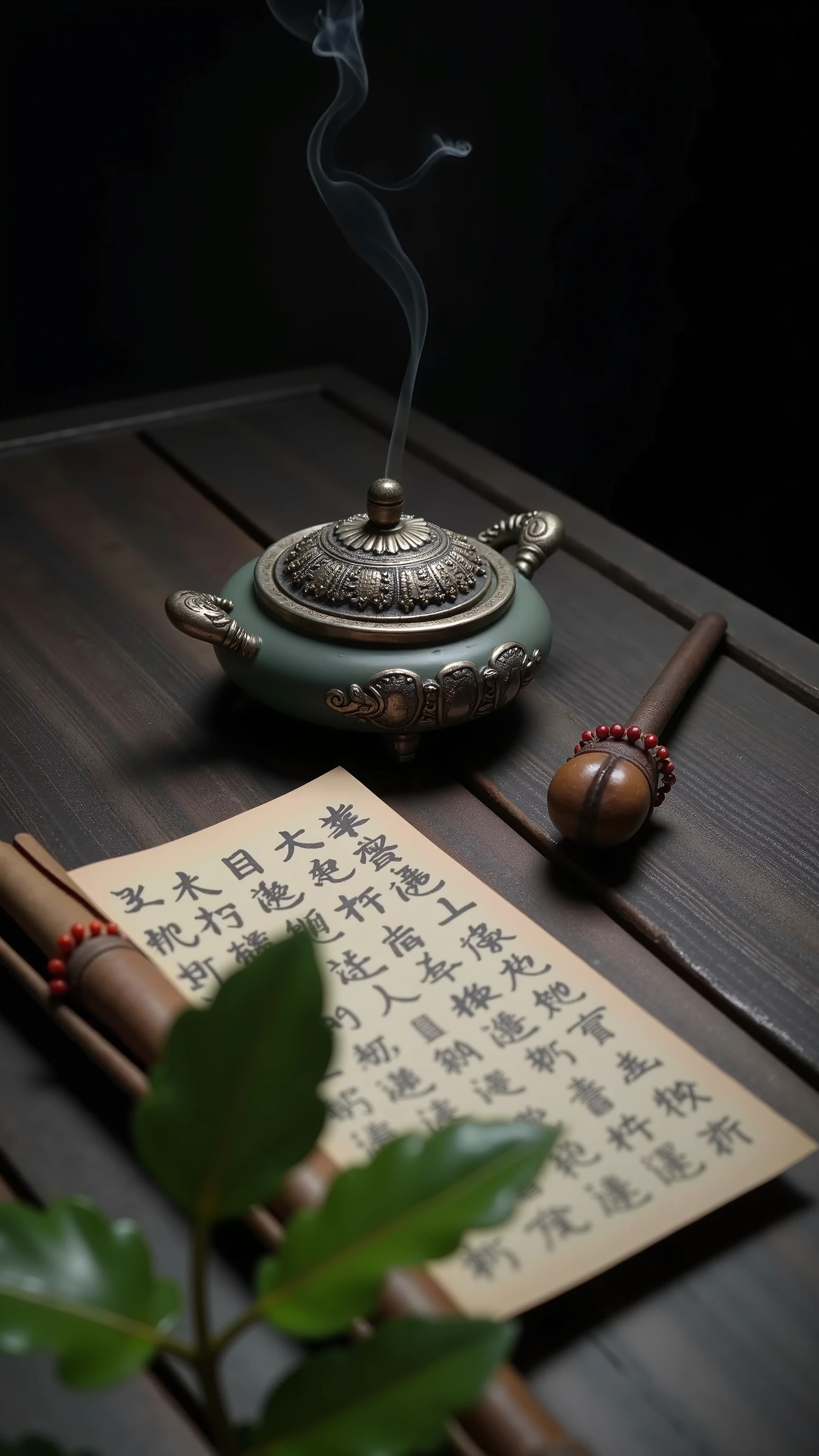 , a traditional oriental scene：an ancient incense burner，with delicate metal carvings on it，Light smoke rises gracefully in the air。Next to the incense burner is an ancient scroll manuscript，Chinese calligraphy is written on it，Partially unfold，is written on it and placed on a wooden table。A long wooden brush made of natural materials，next to the manuscript。 in the foreground ，A small plant with tender green leaves，is in stark contrast to the surrounding ancient elements。Warm lighting captures this scene，exudes serenity、wisdom，and the quiet charm of traditional culture。