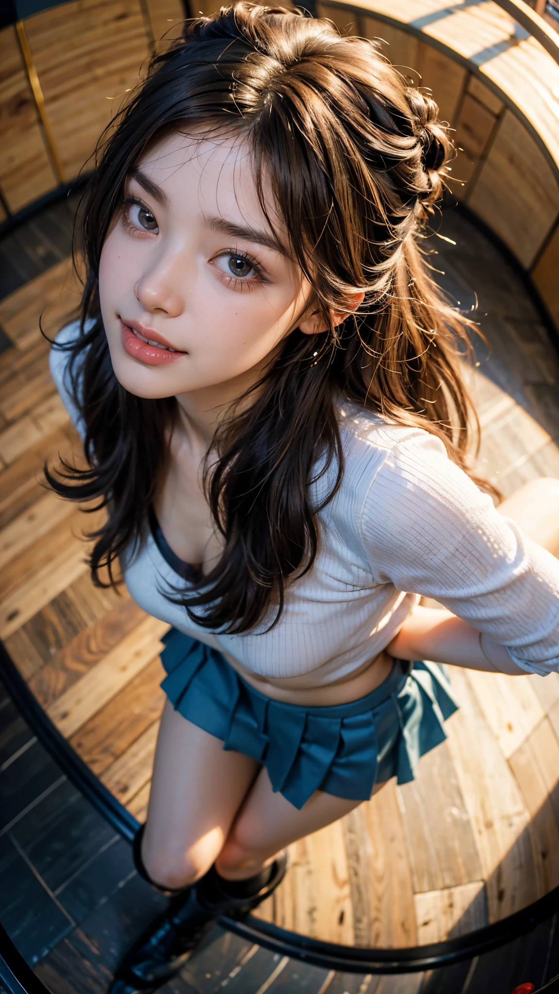 (Photoreal)、(Super high realism)、(ultra high resolution)、(Ultra high detail)、 (14 year old girl、small face、Extremely beautiful face, natural makeup)(fair skin、Smooth skin、realistic texture)(sparkling eyes)cute face、beautiful expression、(lifelike face)、Beautiful butt-length ponytail、realistic eyes、natural makeup、beautiful details、(realistic skin)、beautiful skin、(Tank top、knee high boots、Japanese cute idol、tartan check)((very short mini skirt)) gentle smile、Brown hair、((Walk down the stairs))、The cleavage looks bold、beautiful chest、thin waist、((lean forward and stick out your butt))、Looking back、(((angle from behind、Medium full shot from below)))、Movie writing x2、reflex board、face light