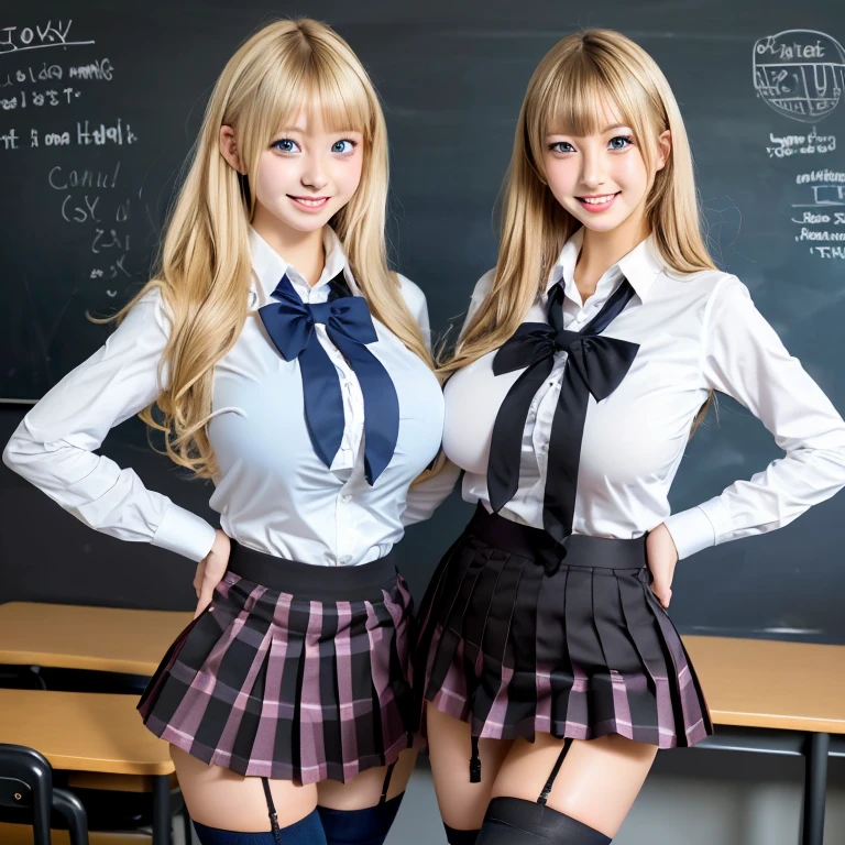 close-up portrait of 2 japanese college girls, 18 years old, on knees in classroom, looking up at viewer, view from above, ahegao, best friends having fun, blonde hair, pink hair, cleavage, tank top, skirt, dark eye-makeup, big hips, big ass