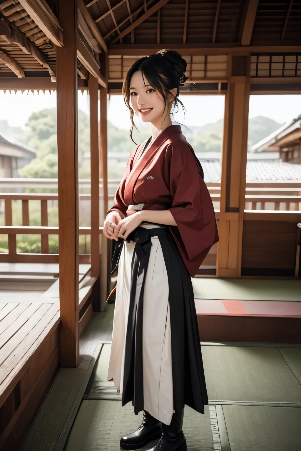 realistic、not unnatural、detailed down to the smallest detail、HD、Taisho Romance、Old Japanese house、((Hakama))、 hair up、 leather long boots、 has a bright smile、long shot