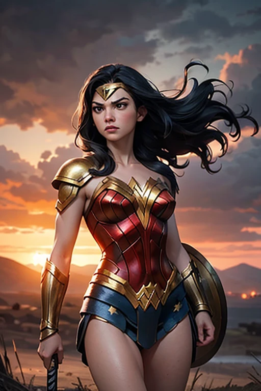 Wonder Woman, Greek temples in the background, artwork, best quality, (extremely detailed 8k CG unity wallpaper), (best quality), (Best illustration), (best shade), absurderes, realistic lighting, (abyss), beautiful detailed glowing, art by Peter MohrBacher,