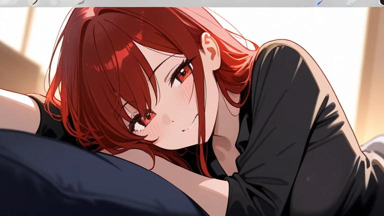 young woman, 21 years old, lying in bed, gray sad tones, the pain of parting, Red hair, only in branded underwear, her friend hugs her, girlfriend smiling, bite on the ear.