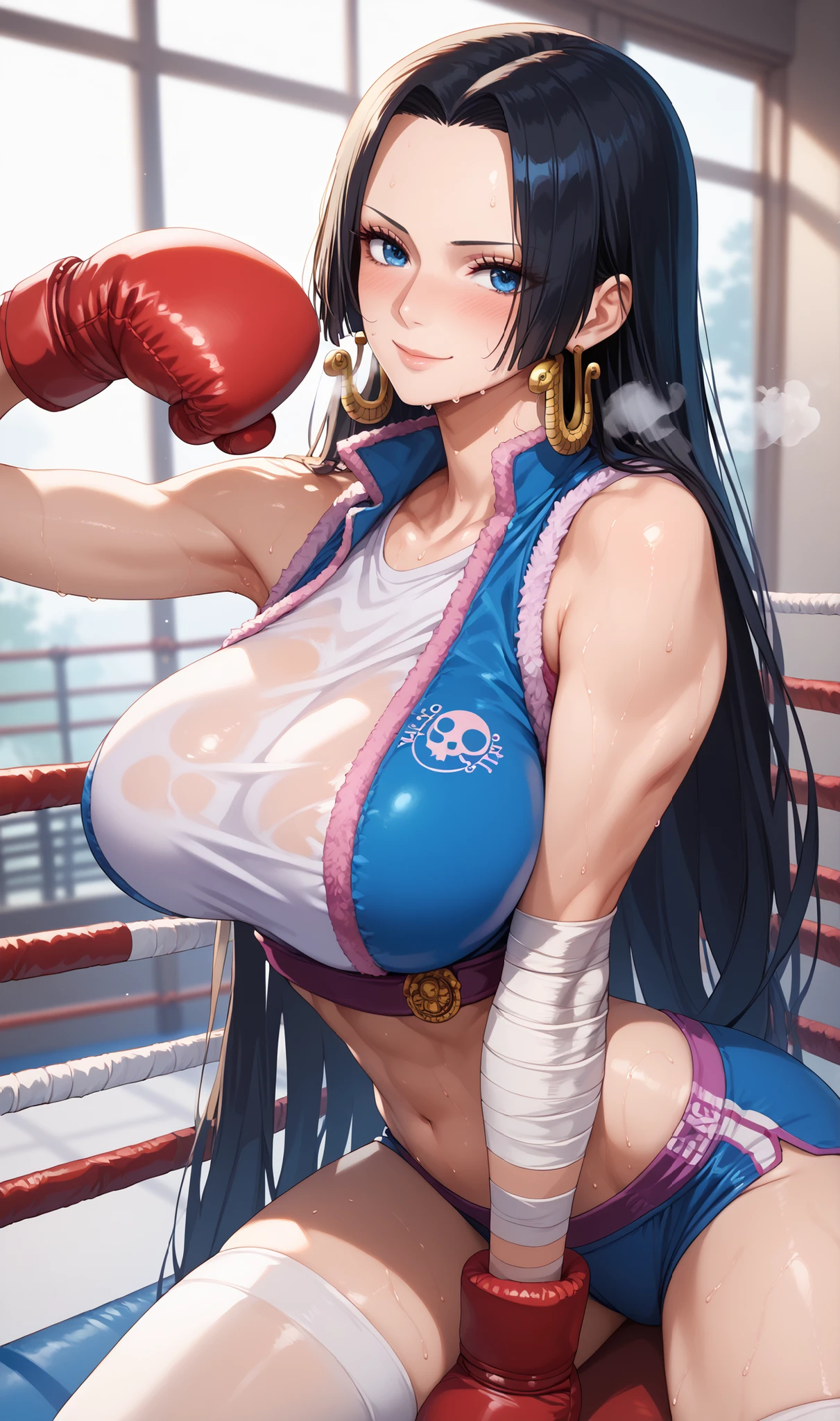 Close mouth,Milf, motherly, Fitgirl, Score_8_up, Score_7_up,  break, Best Quality, Beautiful Skin, Boa Hancock, Black Hair, blue eyes, Long Hair, forehead, Large Breasts, sensual woman, 1girl, solo, long_hair, boxing gloves, sportswear, elbow_pads, thighhighs, sweat, bandages, breasts, closed_mouth, sleeveless, black_thighhighs, smile, blush, heavy breath, sweat drop