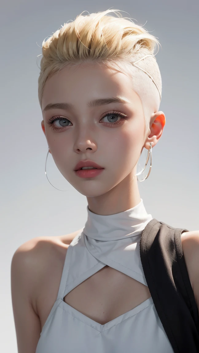  20 year old female, Blonde, (High top fade:1.3),  Dark Theme, Soft Tones, muted colors, high contrast on white, (Natural Skin, surrealism, soft light, sharp)