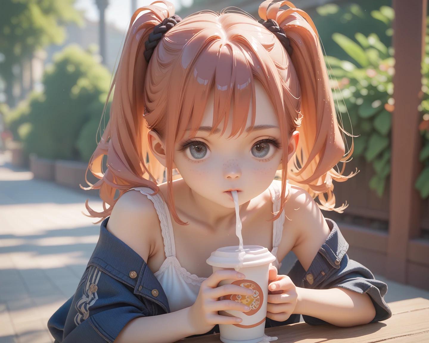 (Extremely detailed CG unified 4K wallpaper),Blind box toy style,A cute ,red tinted hair,Black eyes,Shoulder-length hair of medium length,cheerfulness,Light blue clean background,Sit on a rock,avatar close up,drinking milktea。