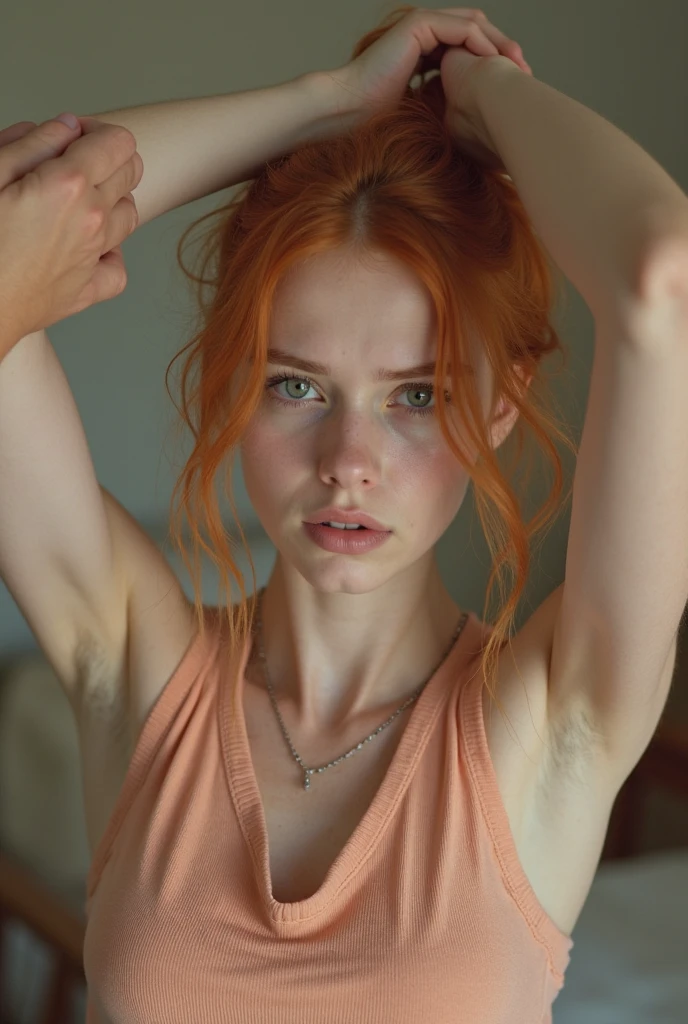 pale skin Sophia Lillis, long braided ginger hair, muscular body,