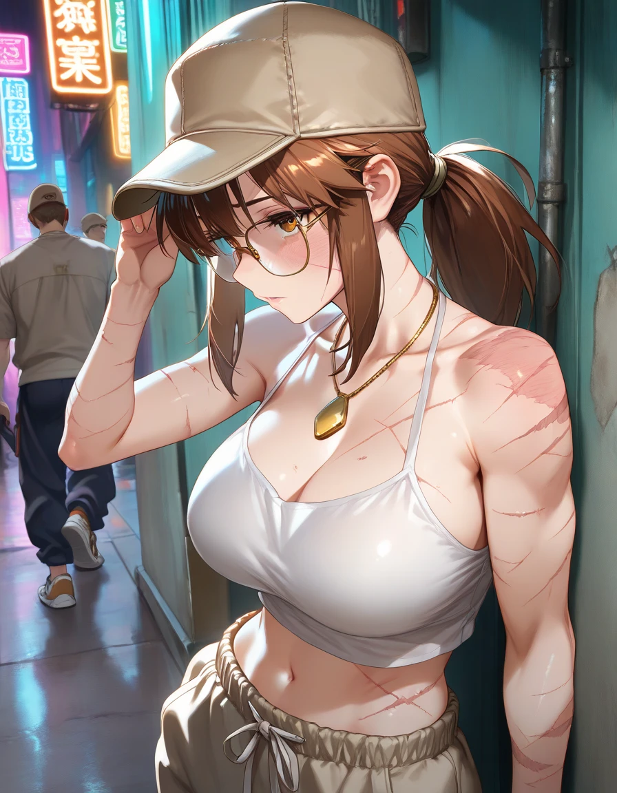 Japanese beauty naked,Police Belt,Watch on wrist,Drunk,Embarrassed by hiccups、Standing in front of a white wall、Above the knee shot