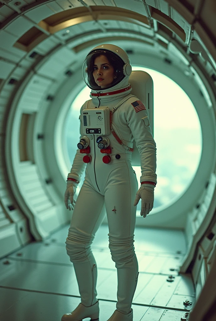 (Muscular:1.8), (thick thighs:1), (large round breasts:1), (large muscular chest and shoulders:1.4), FEMALE, brown hair, long brown hair, (big smile:0), (tight white spacesuit, cute tall astronaut:1.6), looking at viewer, (three quarter view:1.3), upper body view, (lab:1.5), dark lighting, detailed skin, detailed eyes, (dark skin:1.4), (very thin waist:1.3), (huge round muscles:1.6), (one protagonist:1.5), (tall:2.3), (pose:1.6),