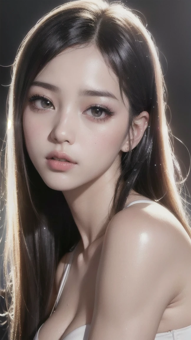 masterpiece, best quality, RAW photos, high resolution, hyper-detailing, Focus on the face, looking at viewer, Detailed eyebrows, realistic beautiful eyes, realistic glossy skin, straight Bangs, realistic movie lighting, detail shaded, high contrast, Slender, big boob, Big breasts, Exposed cleavage, nsfw, Sexy face, Facial expressions when receiving pleasure, ((Dark background)),