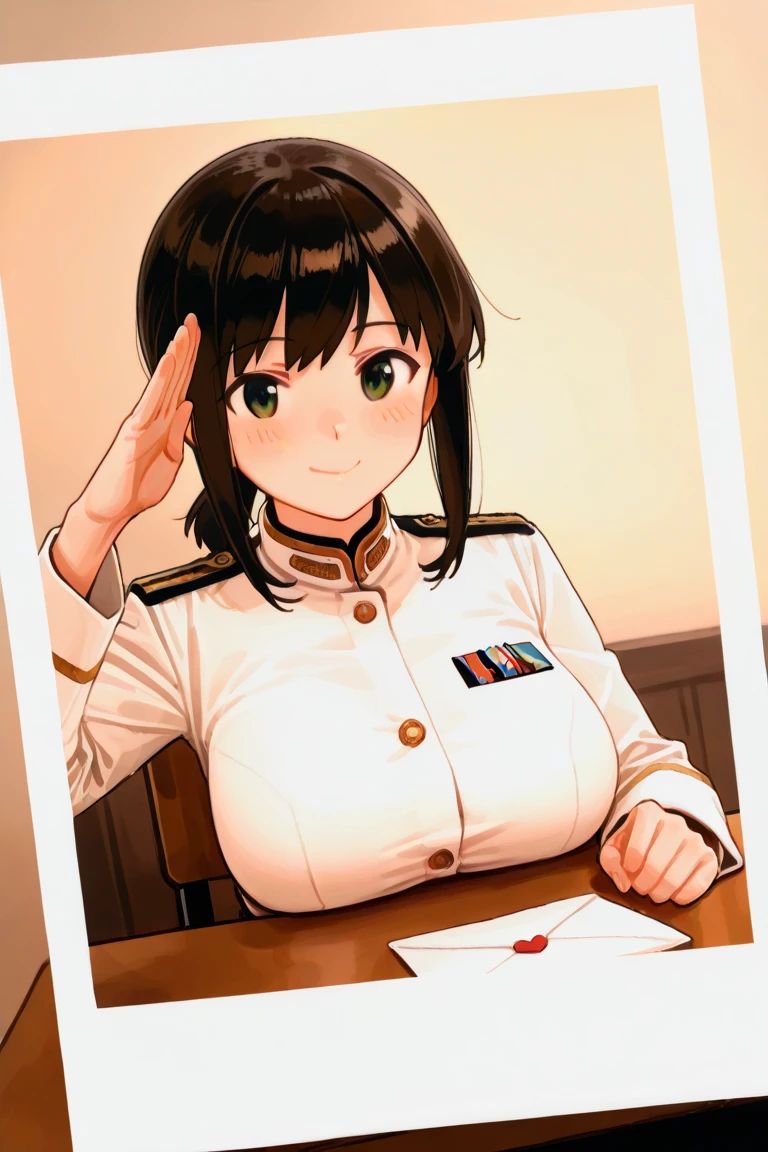 masterpiece, best quality, <lora:khyleLORA9mb_v1:0.75>, khyle., warm lighting, blurry, film grain, 1girl,military uniform, standing, military cap, saluting,short black hair, smile, open mouth