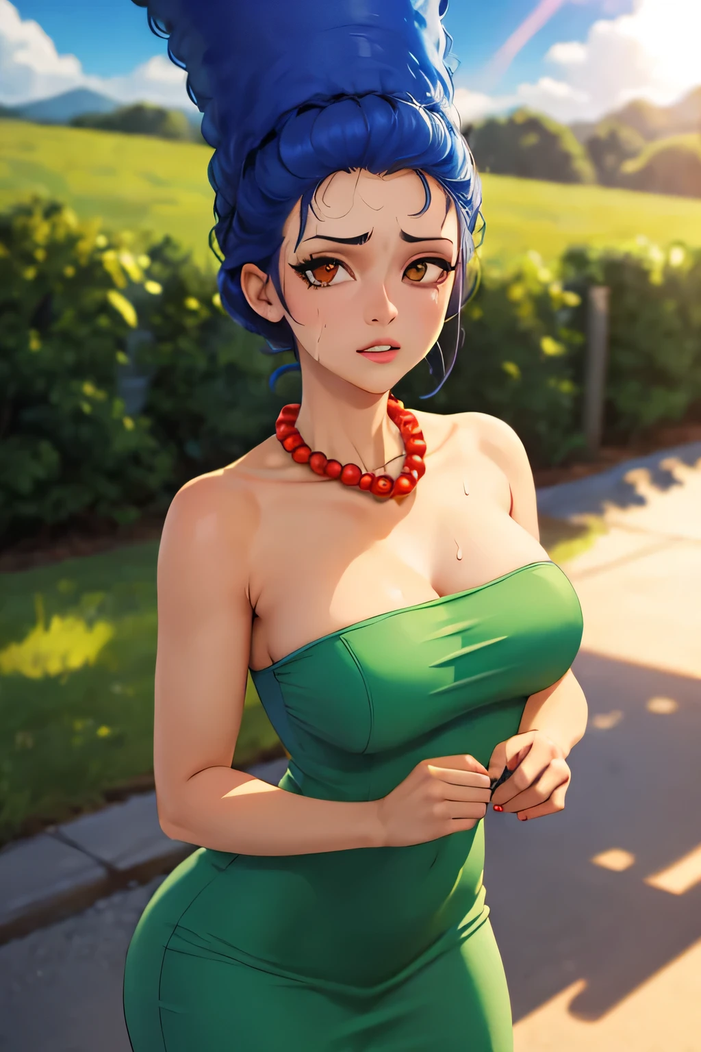 masterpiece, best quality, outdoors, lens flare, depth of field, 1girl, solo, looking at viewer, breasts, margesimpson, yellow skin, Brown eyes, afro, big hair, necklace, pearl necklace, strapless dress, green dress, cowboy shot, sweat