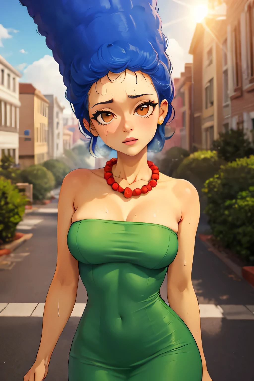 masterpiece, best quality, outdoors, lens flare, depth of field, 1girl, solo, looking at viewer, breasts, margesimpson, yellow skin, Brown eyes, afro, big hair, necklace, pearl necklace, strapless dress, green dress, cowboy shot, sweat