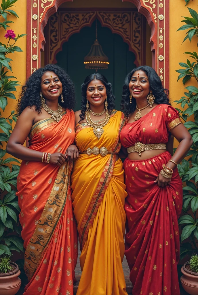 a group of Indian old strong muscular women wearing sarees