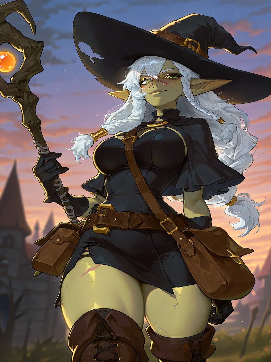 goblin girl, blue hair, very long hair, dark_ skin, dark skin goblin, wide body, very dark skin girl, huge breasts, hair between eyes, twintails, chubby, chubby girl, chubby girl goblin, wide hips, blue eyes, mole, mole on chest, age up, lips, big lips, thick eyebrows, body with fur, tusk, short girl, short goblin girl twintails, short girl, highly detailed, high quality, best quality, 8k, full body, fat, fat girl, fat goblin, smile, witch cosplay, dark forest, magic, magic girl, witch costume, witch clothes, Witch hat, magic powers, nigth forest, magic wand
