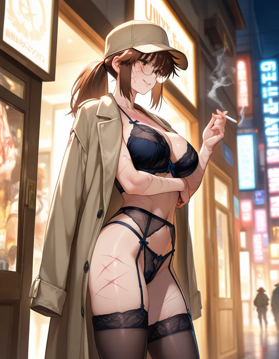 mature_lady,masterpiece, best quality, very aesthetic, absurdres, 1girl, mature_lady,brown_coat,black_bra,lace_bra, black_panties,standing,full_body,in Late Night Alley,midnight,raining,opening her coat and display her underwears,,tohsaka_rin, fate/stay_night, fate_(series), 1girl, aqua_eyes, black_hair, two_side_up, long_hair,black hair_ribbon,,