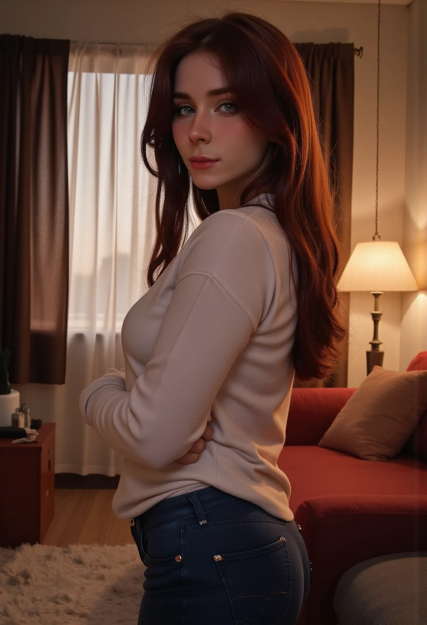 female, 28 years old, redhead, short, orange shirt, bedroom
