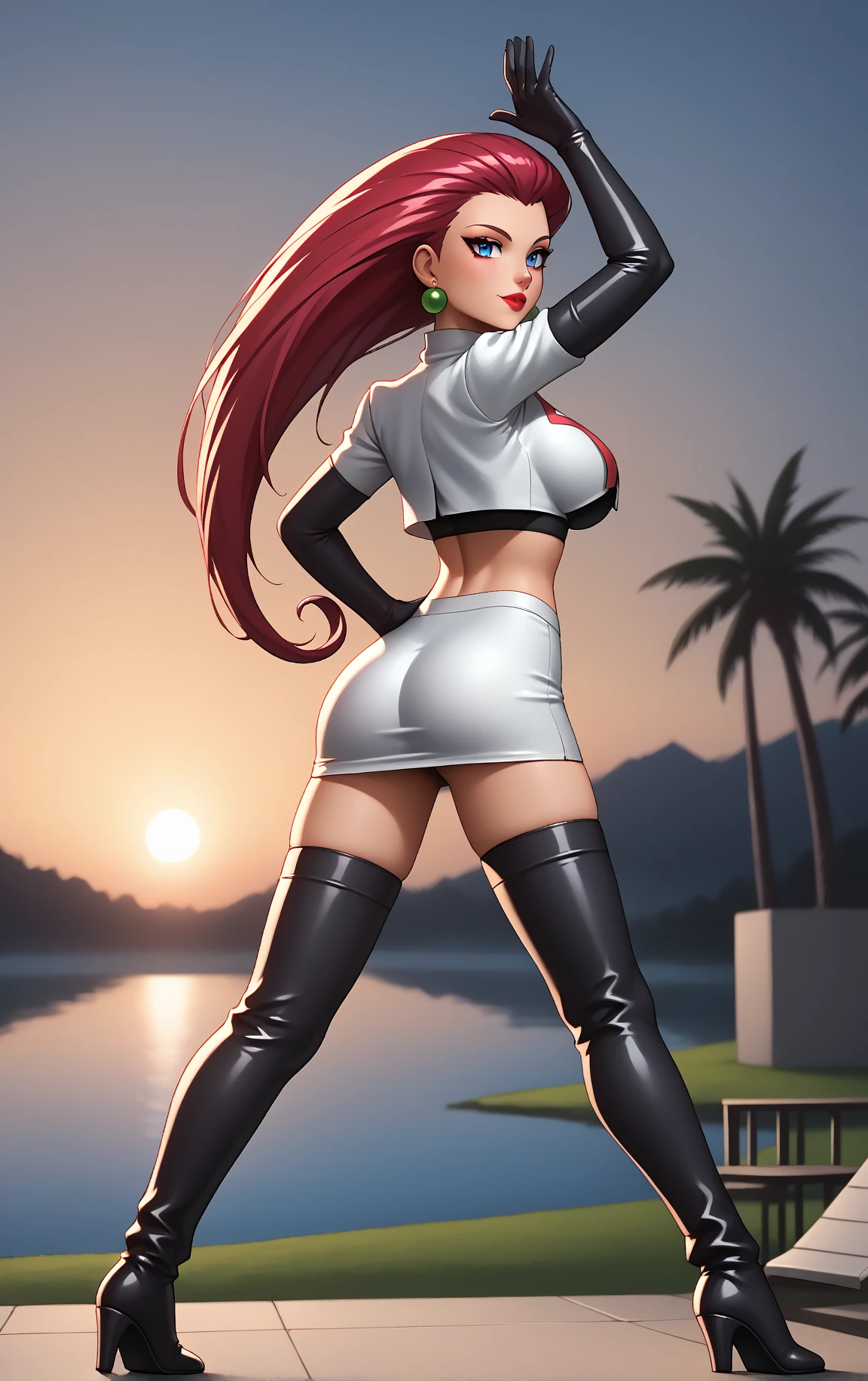 jessie\(pokemon\), hair slicked back, team rocket outfit, solo, crop top, gloves, jewelry, earrings, long hair, elbow gloves, blue eyes, black gloves, team rocket, breasts, red hair, thighs, very long hair, in back pose, show her booty, focus on her ass, mini skirt.( LIFTING HER MINI SKIRT WITH HER HANDS, SHOW HER BOOTY) ULTRA SEXY