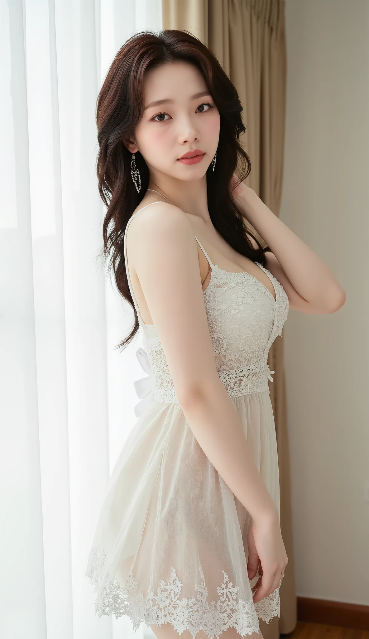 ((best image quality, 8K, master piece:1.3)), 1 girl, perfect body,big breasts:1.3、straight long hair、Beautiful woman:1.3, ( huge tit:1.2), Bando,shift dress:1.1, Extra-fine face, detailed eyes, double eyelid,smile,((white wedding dress)),Bedroom、From the back
