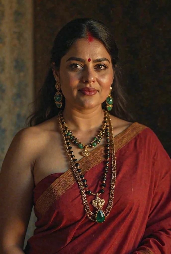 A hindu devi yakshini, a hot body, big breast, thick thighs, wearing saree with blouse and bikini, golden jewelry, doing poses standing, in bedroom, and with horny face.
