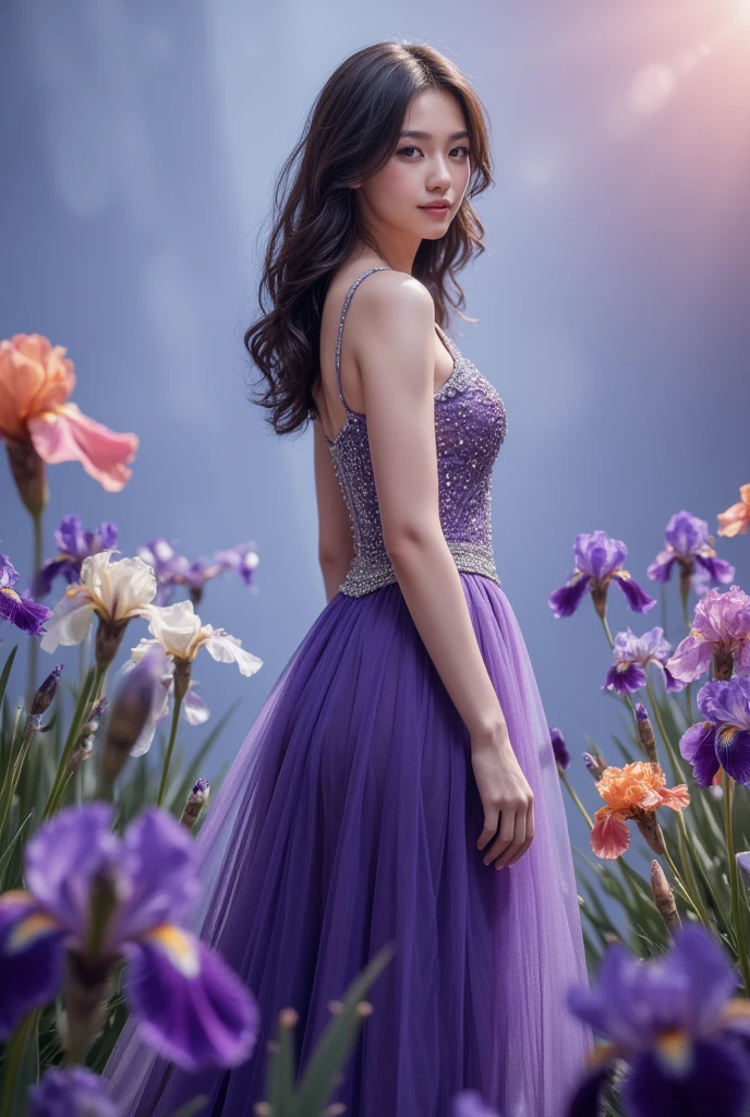 A woman, enigmatic and seductive, she embodies the mystique and elegance of nature, she has delicate elfin features, short, flowing hair in a deep, rich purple, falling like a waterfall of petals, (((a woman with short purple hair 1.75)))(((extremely beautiful))), with warm, beige-brown skin that glows with a soft glow, standing in a mystical forest at dusk surrounded by purple tabebuia trees, the dim light casting shadows and highlights on her figure, cool and enchanting palette, a deep, flowing violet dress that hugs her curves and flows like liquid silk, her amethyst eyes shining with depth and mystery, 8K, graceful and captivating, extremely detailed, (high quality, realistic, photorealistic: 1.37), ideal proportions and smooth, radiant skin, meticulously crafted features, unapproachable beauty, perfection, artistic art, realism vivid, hyper-detailed sculpture, realistic forms, truly awe-inspiring, impeccable craftsmanship, pure brilliance, ethereal beauty, delicate contours, striking poses, sublime beauty, subtle nuances, dynamic compositions, perfect lighting, serene expressions, heavenly aura, majestic presence, dreamlike atmosphere, unparalleled detailed high-octane rendering trending on artstation, 8k art photography, photorealistic concept art, cinematic volumetric soft natural light, chiaroscuro, award-winning photography, fine art, oil on canvas, beautiful, detailed, intricate, serene