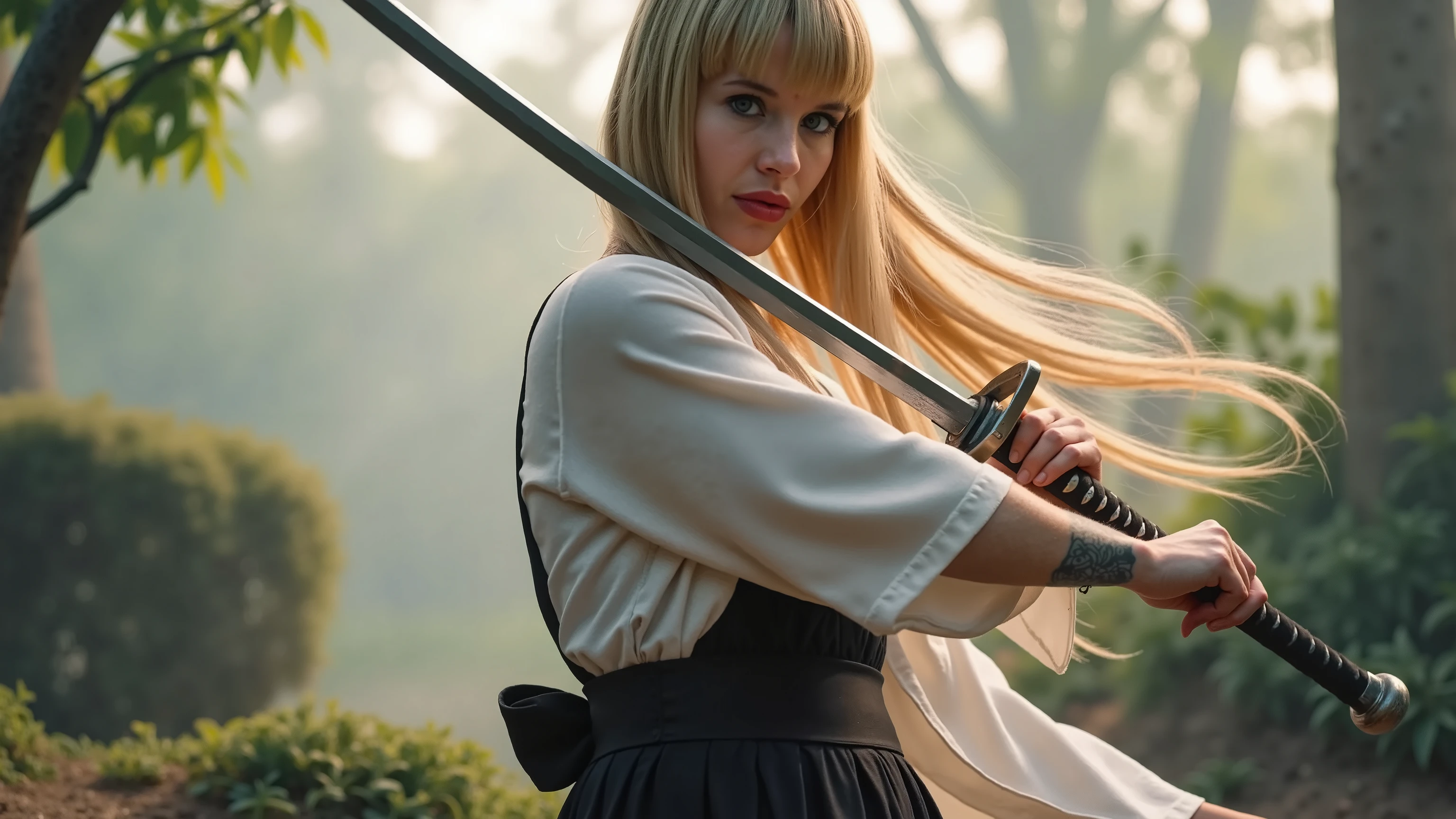 Kayla1 as a blonde samurai warrior with sword in HIDARI GEDAN NO KAMAE Kobudo Tenshin Shoden Katori Shinto Ryo pose.