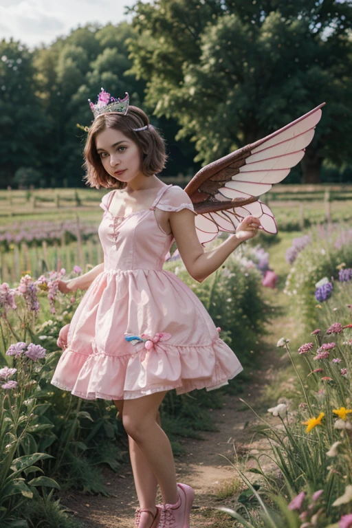 (masterpiece, best quality, high quality, highres, ultra-detailed),official art,official wallpaper,1girl, A girl with pink butterfly wings, beautiful, pretty, pink dress, flying in the sky, gem, pearl,standing, jewelry, pink roses, detailed background, garden, 1girl, full body, blonde hair, long hair, blue eyes, smile,pink sparkles, sprinkles, full lips, parted_lips, detailed eyes, pretty face