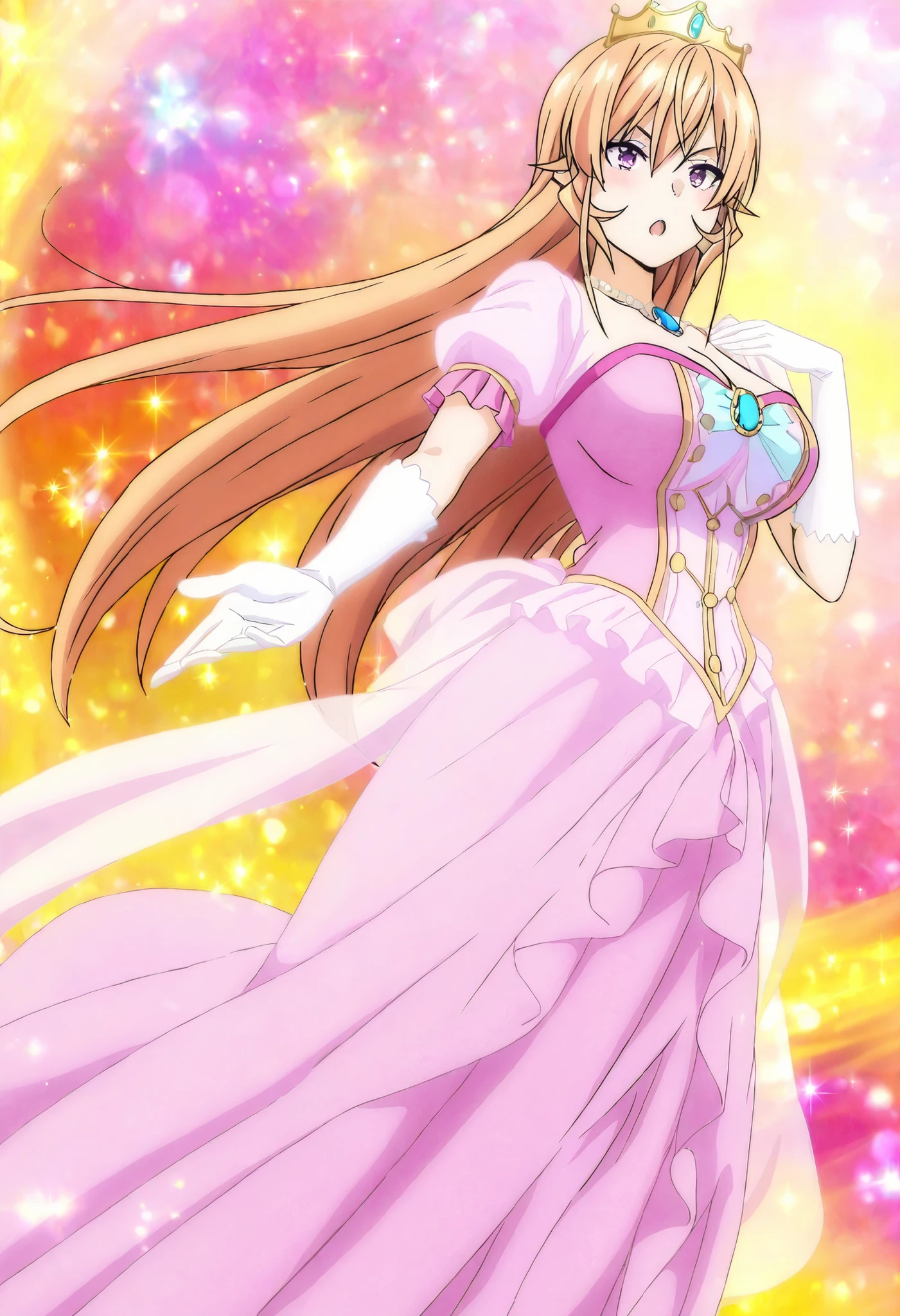 Official anime artwork,anime screencap,anime coloring,masterpiece,best quality,Nakiri Erina,very long hair,blonde hair,hair between eyes,purple eyes, anime-style princess outfit for a girl with long hair. The dress is a pink princess gown with a fitted bodice and a layered, flowing skirt that reaches the ground. It has puffed short sleeves with long white gloves and a sweetheart neckline. The bodice is decorated with a blue gem at the center. Include white gloves and a gold crown with colorful jewels to complete . . , full body , close up, big breasts