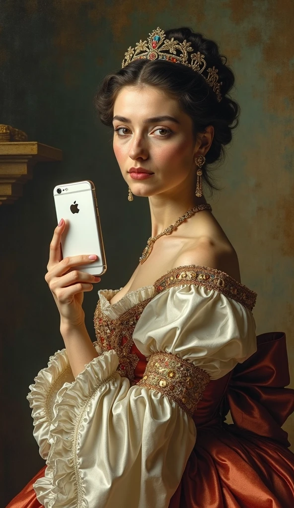 (((young french woman taking a selfie with her iphone-15))), 500 years ago, High resolution,sharp focus,(ultra detailed,extremely detailed),(((vibrant colors,vibrant theme))),(Intricate),(masterpiece),(Best Quality), cleavage, big breasts, (((it&#39;s not a painting))), (((realistic photo)))