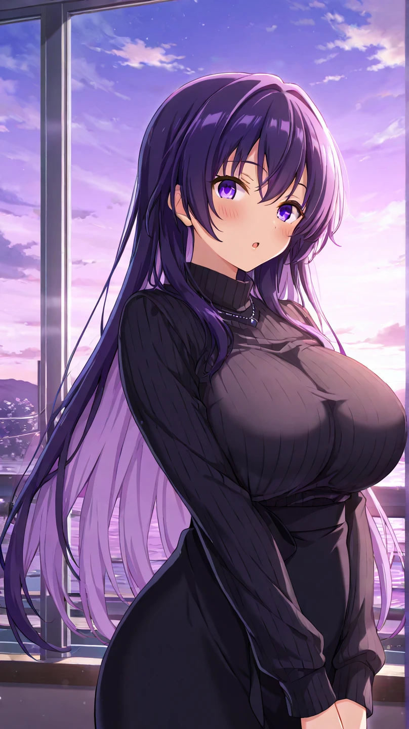 masterpiece, Highest quality, High resolution, minamoto no raikou, Off the shoulder, sweater, Cowboy Shot, Sitting, smile, Bedroom, On the bed, Black lace underwear, night