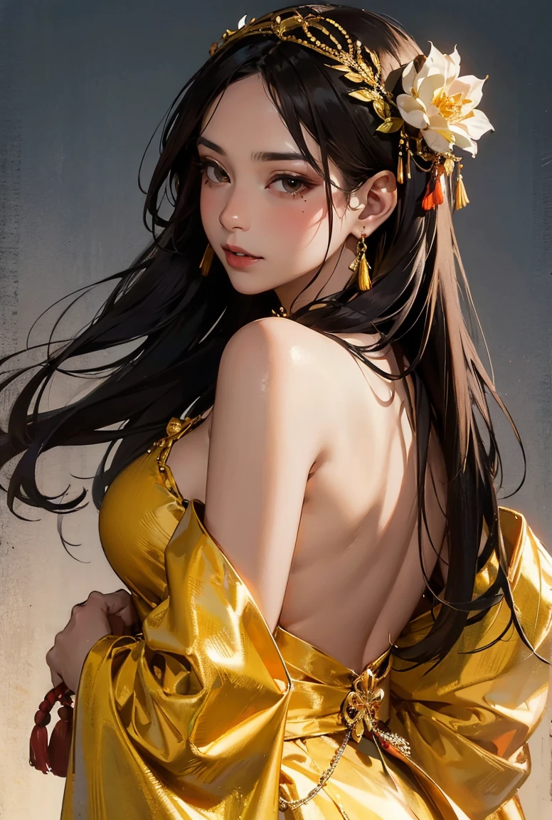 (a masterpiece of、beste-Qualit、beste-Qualit、Official Art、Beautifully Aesthetic:1.2)、(1girl in:1.3)、extemely detailed、(Fractal Art:1.2)、colourfull、highestdetailed、(Zentangle:1.2)、(Dynamic Pause) 、（abstract background：1.5）、（Traditional dress：1.2）、（shinny skin）、（many colors：1.4）、Upper body body　halterneck、see-thru、Ren Hao、Open Back、