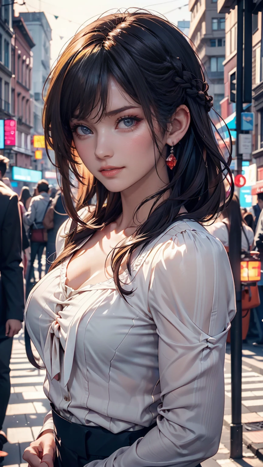 Highest quality, Realistic, 1peopleの女の子, woman,(Skin Dentition), Mid-chest, (bright), (Professional Lighting, Bokeh), (street), people々, crowd, Braided bangs, (blouse:1.5), (Portrait:0.8), nice, bloom, Floating Hair, (Dynamic pose:0.6) , Soft lighting,