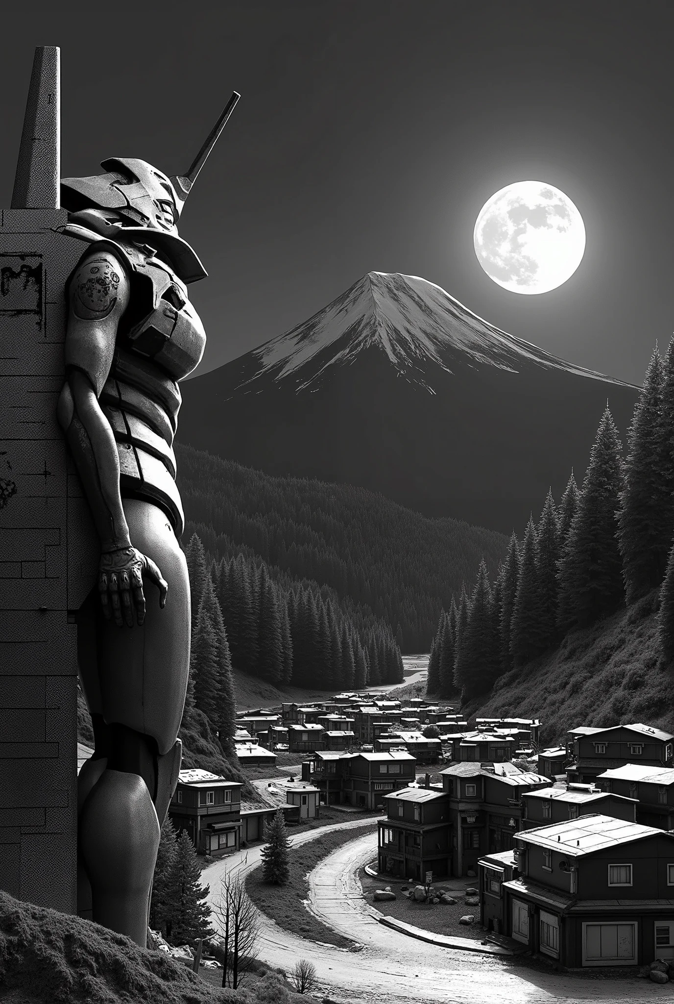 A large robot stored in the main building:1.5, old Japanese landscape , (black and white photo:1.1, Black and White Photography:1.1, Photo border:1.1, Poor image quality:1.1, The image quality is poor:1.1), Ryokan and Edo period house, Mount Fuji, moonlight