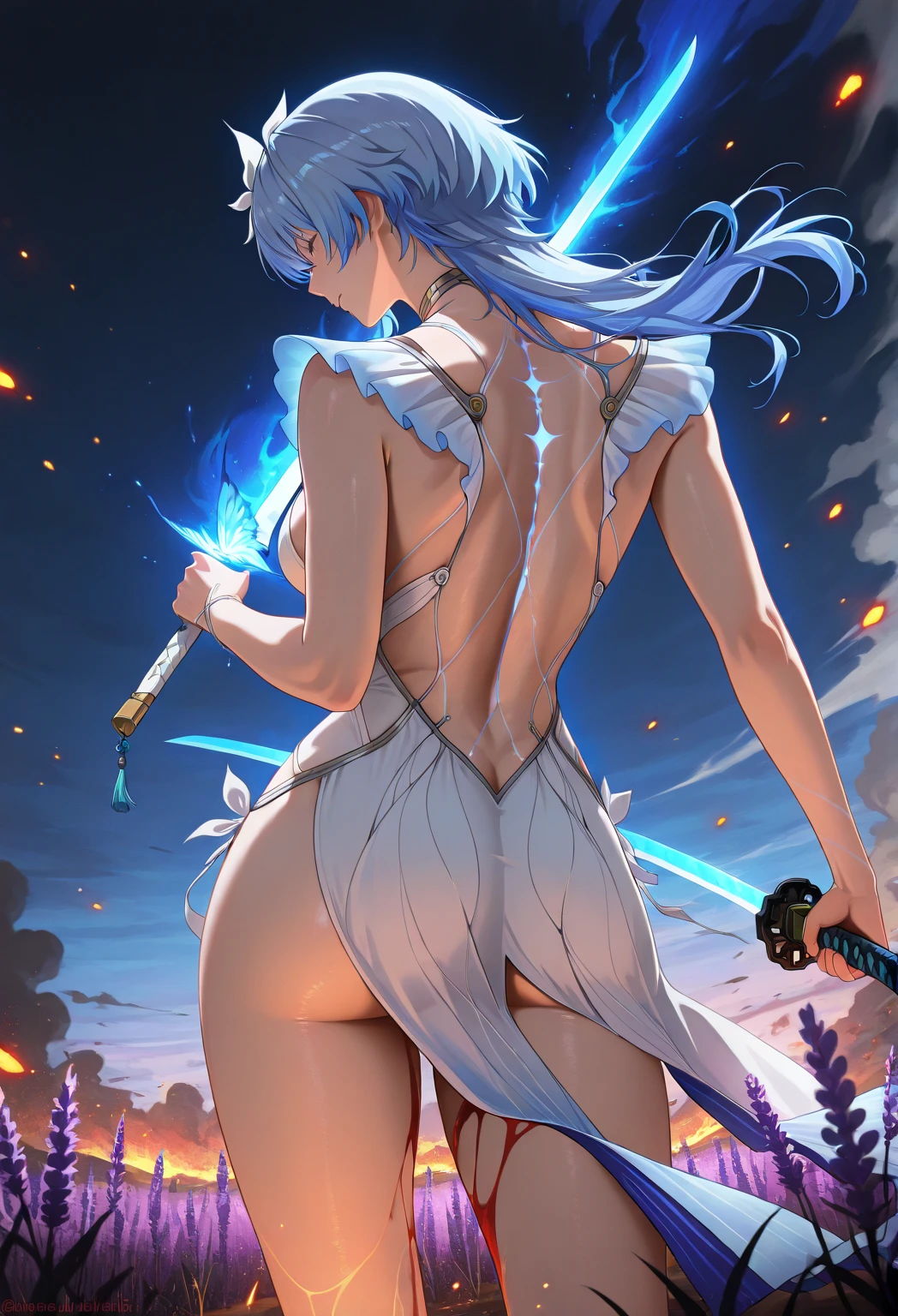 ??????、cloak、(((storm)))、strong wind、female organ、??????、?????、(((Blue tattoo)))、Beautiful Girl Magician、(((light blue hair up style)))、((whole body))、(((photo taken from below)))、magic circle、background is sky
