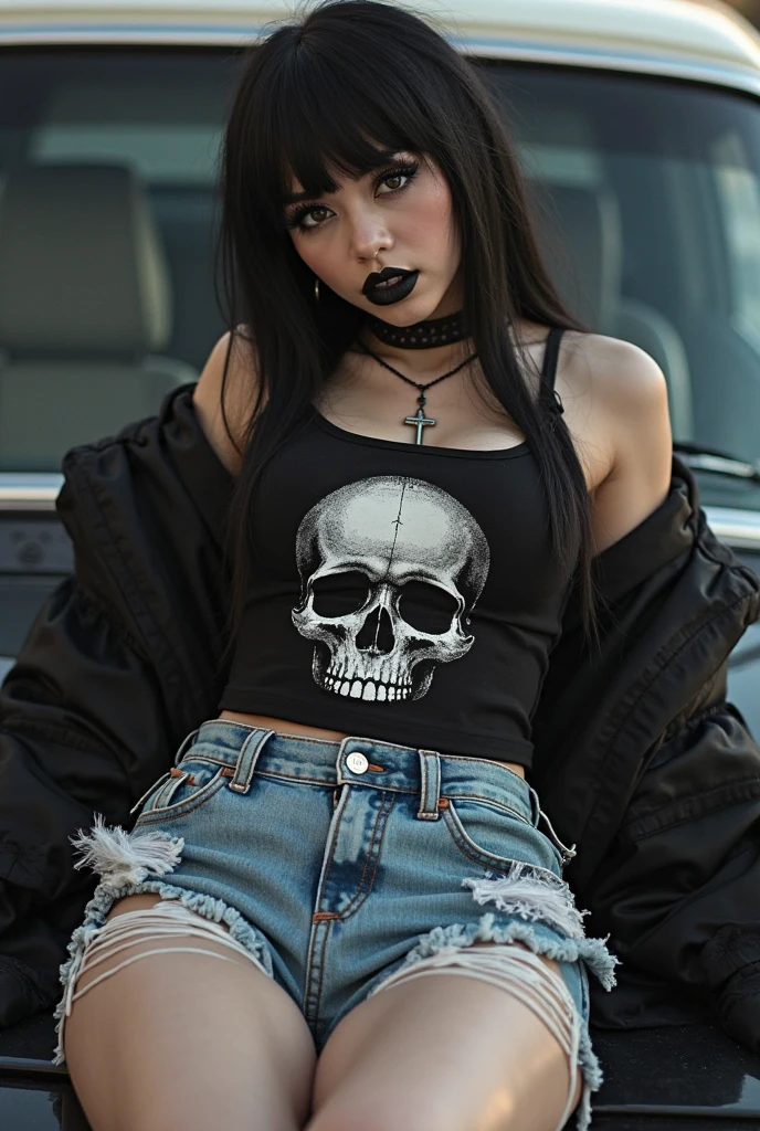 Full body. a emo woman with black hair, wearing only a black shirt with a skull design, barefoot.