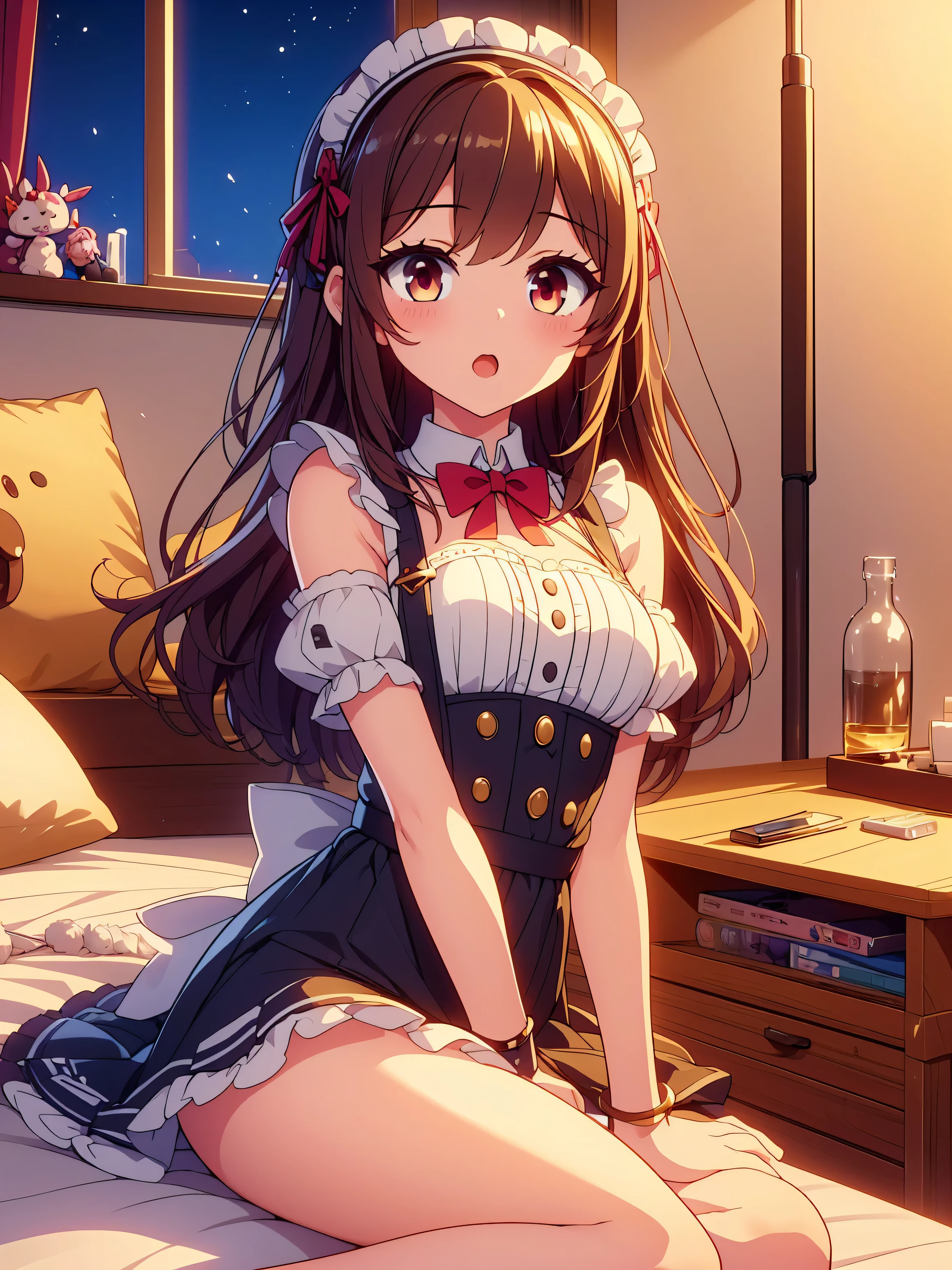 Highly detailed, high quality, masterpiece, beautiful, (all photo shooting), high angle, girl  student, perfect eyes, red eyes, light eyes, blushing face, happy face, playing on a computer, big thighs, legs spread lying down, medium chest, short stature, long hair, light brown hair, with bracelet on hand, bow in hair, headband, wearing short maid outfit, with panties stuck between vagina, shows full panties, sexy, background image on a bed at night