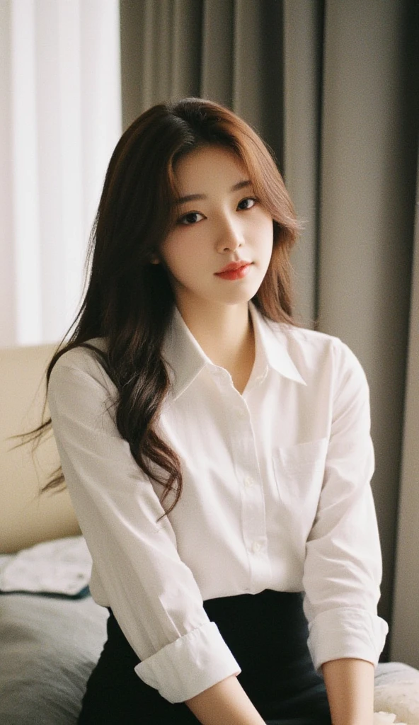Close-up of a woman in a white blouse sitting on a chair, gorgeous young Korean woman, white clothes are very transparent, 8k, hdr, best quality, masterpiece