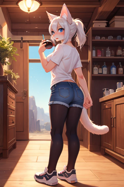 A girl with silver hair in a ponytail、golden eyes、18 year old girl、cute face、illustration style skin、has cat-like ears、has a tail like a cat、nude、view from behind、A lot of milk dripping from her asshole、putting one foot on the table、