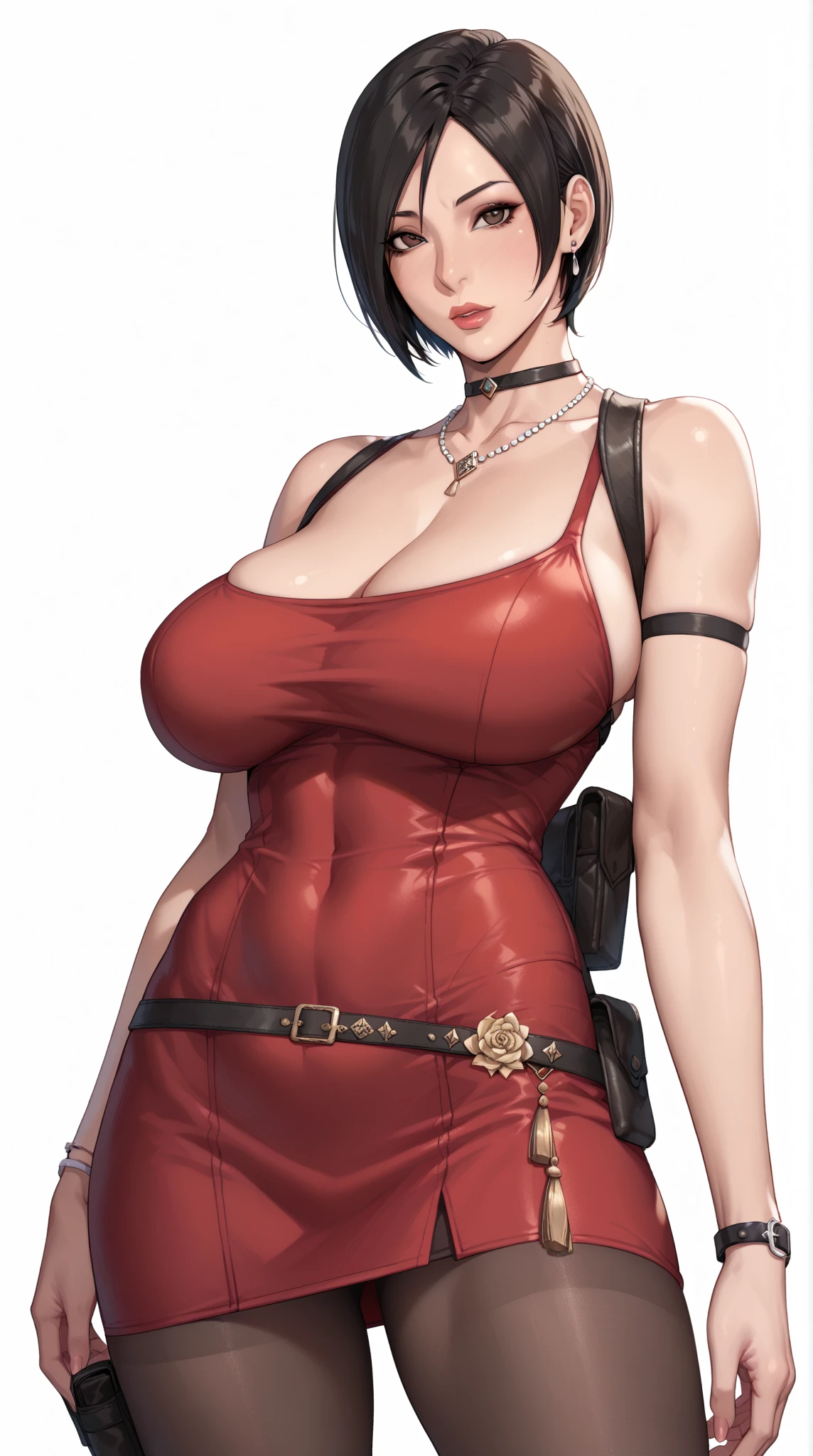 1 girl， solo， Ada Wong in Resident Evil 4 Remake， short detailed hair， brunette color hair， ，Huge ass，Big thick legs，full，Red cheongsam， Short-sleeved shirt， Black， nedium breasts， upper limbs， hindquarters， Black heels， Adriana's face， Find your audience， sly smile， A pistol was hung on her waist， best qualtiy， hight resolution：1.2， 18th century village in the background， Shadowing， Nightmare， rays of moonlight， Upper body photography， Low camera angle、depth of fields、center focused
