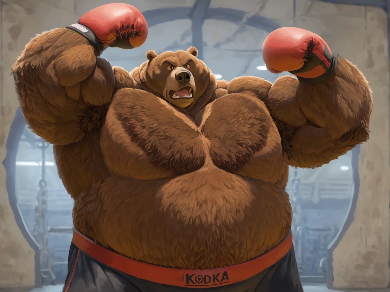 Solo, 1boy, A huge muscular grizzly bear at the UFC MMA Fighting Tournament, big smirk, grizzly bear, huge thick brown fur, thick arms, huge arms. Buzz cut, (huge thick muscular, huge pectoral, wide pectoral, thick arms, thick neck), bulky, bulking, hulking, correct anatomy, veins all over the body and neck, caged arena, fighting ring, realistic, 8k, masterpiece, added grayish eyebrows, detailed eyes with brown pupils, (wearing black mixed martial arts shorts with red slits, mixed martial art fingerless gloves with red pads, black toeless footwear and shirtless and topless), kicking techniques, uppercut punching movements. Champion